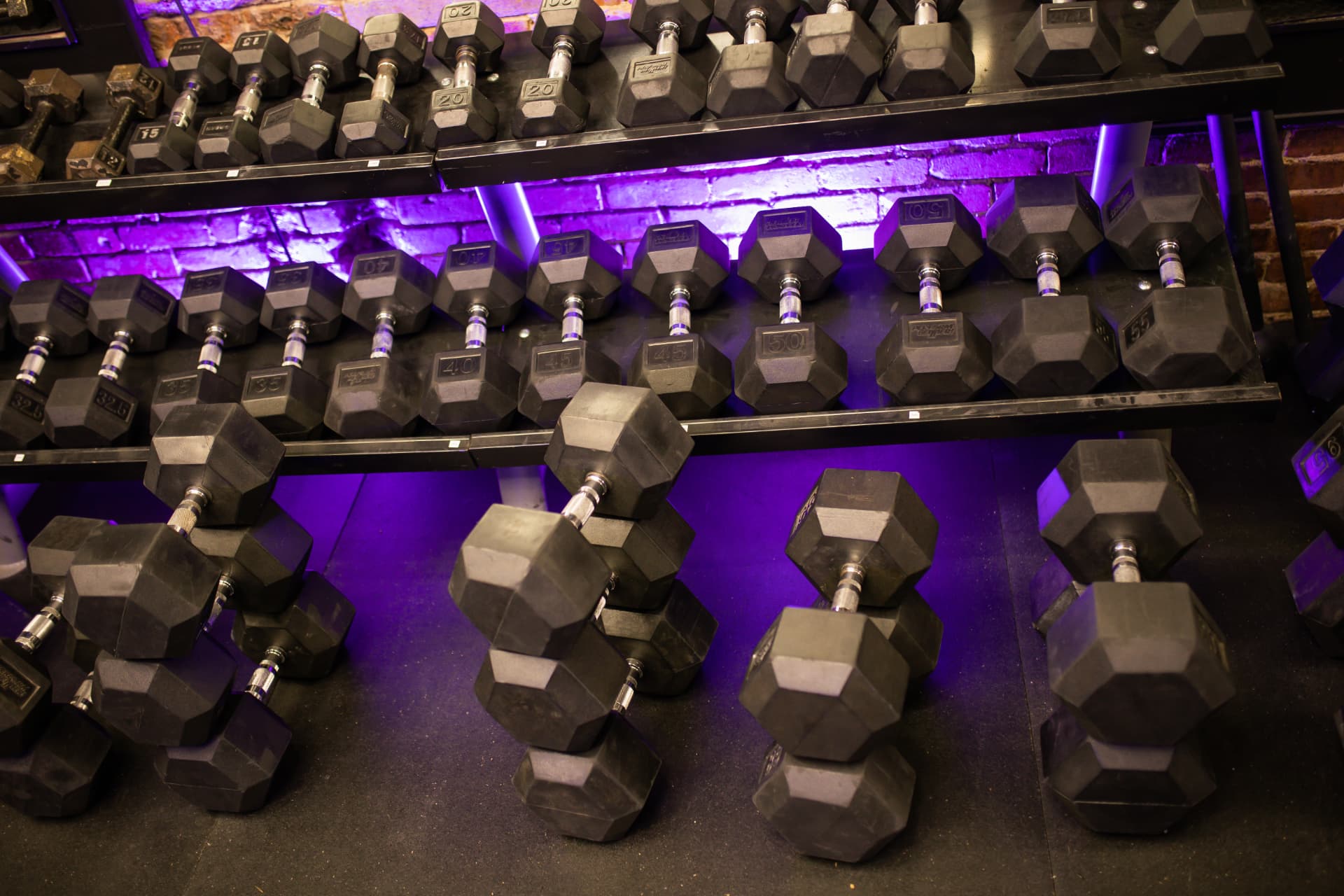 Dumbbell rack under violet lighting at Strength Society